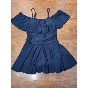 SHEKINI Womens Navy Blue Ruffle Off Shoulder Swim Dress One Piece Swimsuit L